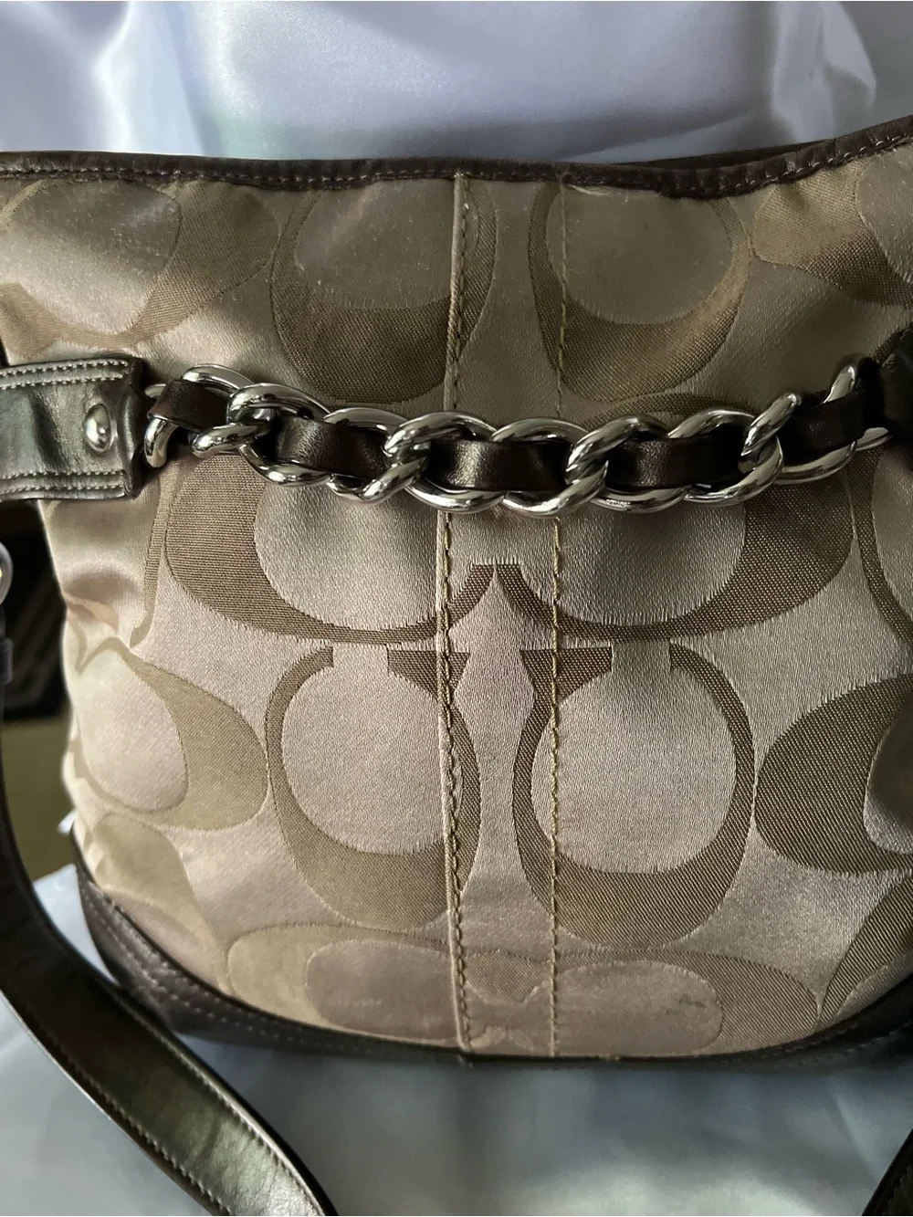 Coach Khaki Signature Jacquard Crossbody with Chocolate Leather Trim